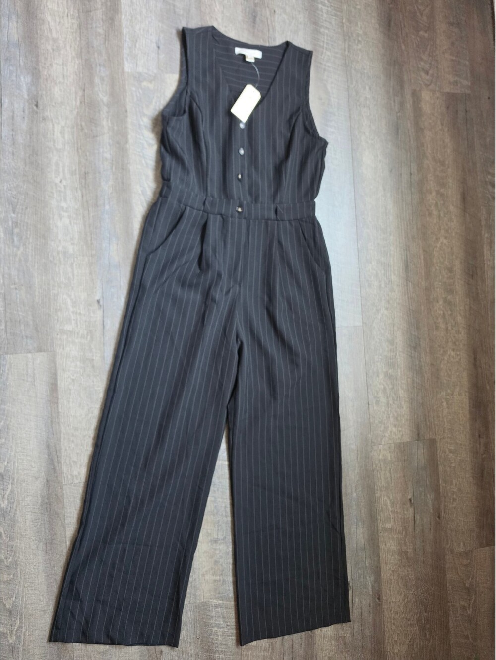 Monteau Los Angeles Black Pinstripe Sleeveless Jumpsuit Size L
